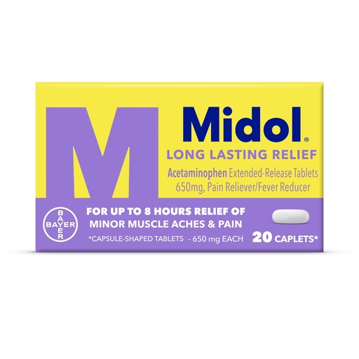 [BRSWKH36CUHB2H32] Midol Long Lasting Relief 20ct: Midol Long Lasting Relief, Menstrual Symptom Reliever & Fever Reducer, Caplets with Acetaminophen for Menstrual Pain Relief - 20 Count (Packaging May Vary)