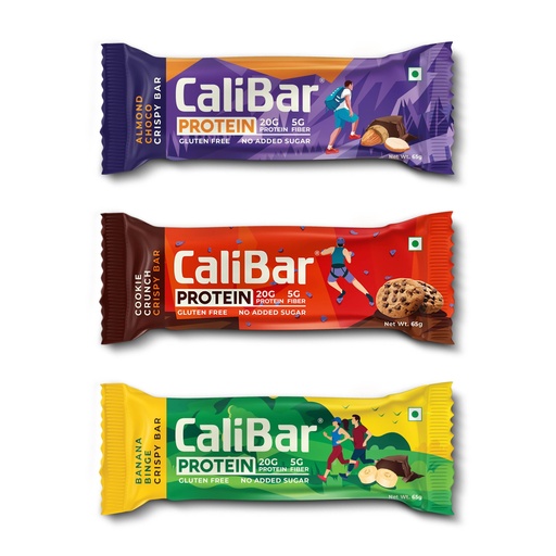 [BRSRAYDQCECAAFDZ] CaliBar 20g Protein Bar - All Variants Trial - Almond Choco, Banana Binge, Cookie Crunch (Pack of Total 3 Bars) (65g x 3 Bars)