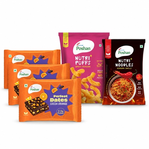 [BRSRYED6CAIQEHYZ] ACME Poshan Snack Variety Pack, Perfect Dates Cocoa Orange Pack of 3, Nutri+ Noodles Korean Chilli, Nutri+ Puffs Spicy Fusion, No Palm Oil, High Protein Healthy Snacks Combo