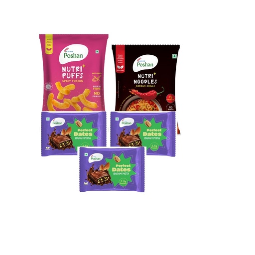 [BRSRYED6A4DRAYD5] ACME Poshan Snack Variety Pack, Perfect Dates Badam pista Pack of 3, Nutri+ Noodles Korean Chilli, Nutri+ Puffs Spicy Fusion, No Palm Oil, High Protein Healthy Snacks Combo