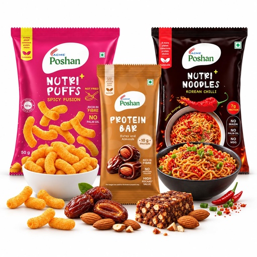 [BRSRYED6CUBAG2A2] ACME Poshan Snack Variety Pack, Dates & Almonds Protein Bar, Nutri+ Noodles Korean Chilli, Nutri+ Puffs Spicy Fusion, High Protein, No Palm Oil, No MSG Healthy Snacks Combo, Pack of 3 (170g Total)