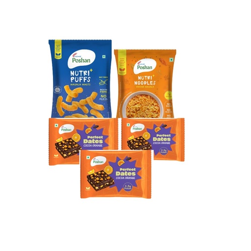 [BRSRYED6B55WEGY2] ACME Poshan Snack Variety Pack, Perfect Dates Cocoa Orange Pack of 3, Nutri+ Noodles Indian Masala, Nutri+ Puffs Masala Masti, No Palm Oil, High Protein Healthy Snacks Combo