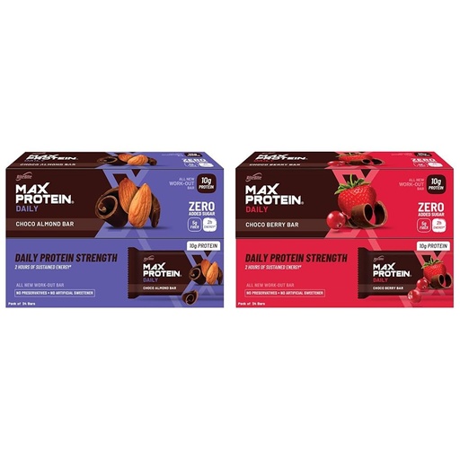 [BRSREZQDDIGW2CDB] RiteBite Max Protein Daily Bars - Choco Almond & Choco Berry, 10g Protein, 5g Fiber, 50g Each (Pack of 24 Each) Combo