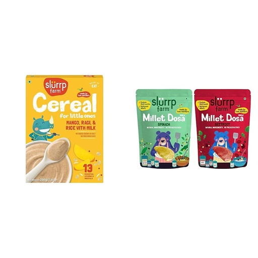 [BRSW2BAOAUDQMFI4] Slurrp Farm Organic Baby Cereal, Ragi, Rice and Mango with Milk, Instant Healthy Wholesome Food for & Millet Dosa Instant Mix, Supergrains Spinach and Beetroot, Natural and Healthy Food, 150