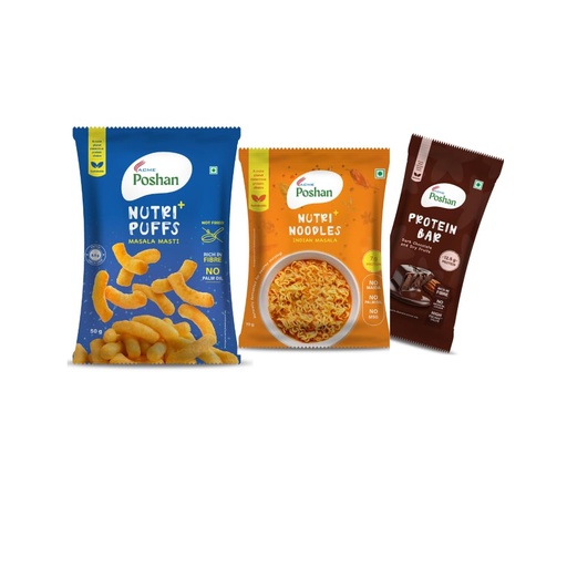 [BRSRYED6CAIQEH3P] ACME Poshan Snack Variety Pack, Dark Chocolate & Dry Fruits Protein Bar, Nutri+ Noodles Indian Masala, Nutri+ Puffs Masala Masti, High Protein, No Palm Oil, No MSG Healthy Snacks Combo, Pack of 3 (170g Total)