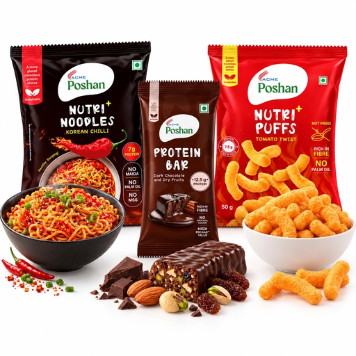 [BRSRYED6CMMWKFAZ] ACME Poshan Snack Variety Pack, Dark Chocolate & Dry Fruits Protein Bar, Nutri+ Noodles Korean Chilli, Nutri+ Puffs Tomato Twist, High Protein, No Palm Oil, No MSG Healthy Snacks Combo, Pack of 3