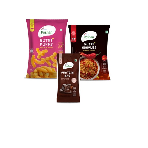 [BRSRYED6BAJWMYLL] ACME Poshan Snack Variety Pack, Dark Chocolate & Dry Fruits Protein Bar, Nutri+ Noodles Korean Chilli, Nutri+ Puffs Spicy Fusion, High Protein, No Palm Oil, No MSG Healthy Snacks Combo, Pack of 3