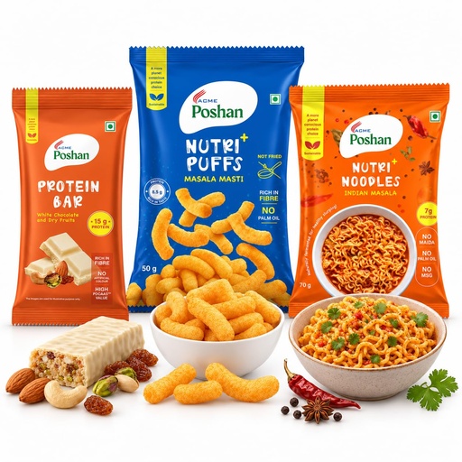 [BRSRYED6A4CQOGQ4] ACME Poshan Snack Variety Pack, White Chocolate & Dry Fruits Protein Bar, Nutri+ Noodles Indian Masala, Nutri+ Puffs Masala Masti, High Protein, No Palm Oil, No MSG Healthy Snacks Combo, Pack of 3 (170g Total)