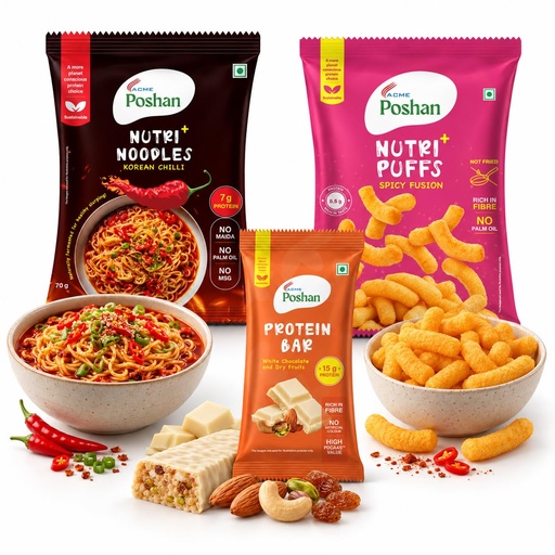 [BRSRYED6BAARO2AZ] ACME Poshan Snack Variety Pack, White Chocolate & Dry Fruits Protein Bar, Nutri+ Noodles Korean Chilli, Nutri+ Puffs Spicy Fusion, High Protein, No Palm Oil, No MSG Healthy Snacks Combo, Pack of 3 (170g Total)