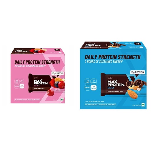 [BRSREZQDCQBQA3A2] RiteBite Max Protein Daily Bars - Fruit & Nut + Choco Classic, 10g Protein, Fiber, Vitamins A, C, E, 300g Each (Pack of 6) Combo