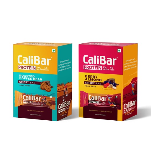 [BRSRGC3RB4ARMFLV] CaliBar 10g Protein Bar Roasted Coffee Bean & Berry Almond Crispy Protein Bar Combo - No Added Sugar, Gluten-Free, 4g Fiber, No Preservatives, No Palm Oil & 100% Veg. (40g x 12 Bars)