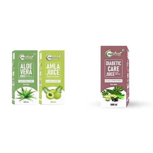 [BRSRYYADDJ4AI2A3] Nutriorg Amla & Aloe Vera Juice - 1000 ml (Pack of 2-500 each) | Organically Grown| Immunity Boost | Nutriorg Diabetic Care Juice 1Ltr | Made with Amla, Jamun, Karela & 4 other herbs | Regulates bloo