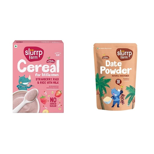 [BRSRYY3YOJ7WO2Q4] Slurrp Farm Cereal, Ragi, Rice and Strawberry with Milk, Instant Healthy Food, NO Added Sugar, + Slurrp Farm Seedless Arabian Date Powder | Kharik/Khajur Powder | 100% Natural Sweetener | No