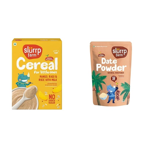 [BRSRGCATDIIQK2YV] SLURRP FARM No Added Sugar Instant Cereal | Ragi, Rice and Mango with Milk, 200 Grams + Slurrp Farm Seedless Arabian Date Powder | Kharik/Khajur Powder | 100% Natural Sweetener | No Preser