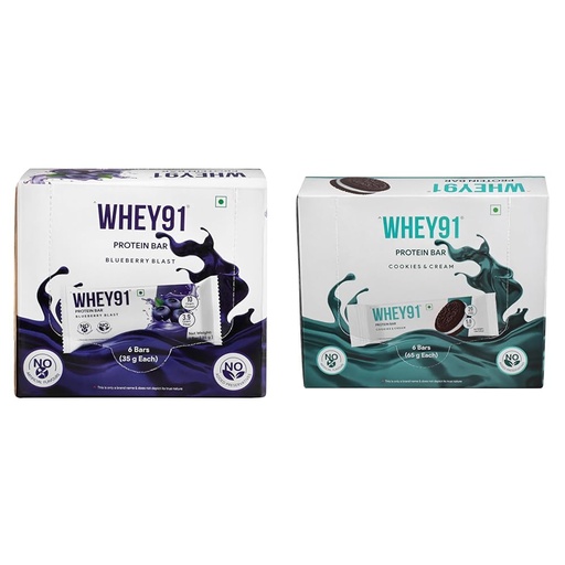[BRSRYYADC4NGYELO] Whey91 Blueberry Blast Protein Bar, 10g Protein & 3.9g Fiber in each, No Added Preservatives, No A | Whey91 Cookies & Cream Protein Bar, 20g Protein & 5g Fiber in each, No Added Preservatives, No Art