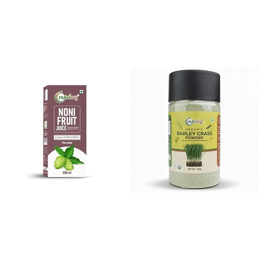 [BRSRYYACOIJWA3DF] Nutriorg Noni Juice 500 ml, 97% Noni Fruit, Garcinia, Grape & Ashwagandha,Rich in Antioxidants, Bo | Nutriorg Organic Barley Grass Powder 75g | Whole Hulled Barley Grains Powder