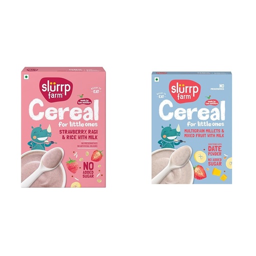 [BRSRYY3YOV4B4DQ2] Slurrp Farm Cereal, Ragi, Rice and Strawberry with Milk, Instant Healthy Food, NO Added Sugar, + Slurrp Farm Multigrain Millets and Mixed Fruits with Milk | Mildly Sweetened with Date Powder |