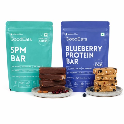 [BRSRGHYZAUIR42D5] GOODEATS HIGH PROTEIN COMBO: 17.7g Protein (Per 50g Bite) + 23.2g Protein (Per 65g Bar) | Low Added Sugar (<0.4g & 0.5g) | Nuts & Seeds + Oats & Jowar | With Prebiotic Fiber | Whey Concentrate + Soya Isolate | No Artificial Preservatives | 50g x 5 & 65g x 4