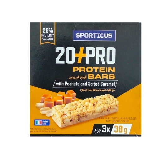 [BRSREAATAR7AOG3H] Sporticus 20+Pro High Protein Bar Peanut & Salted Caramel - 28% Protein, 10.6g Protein Per Bar, Made in Italy, Pack of 3 x 38g (114g)