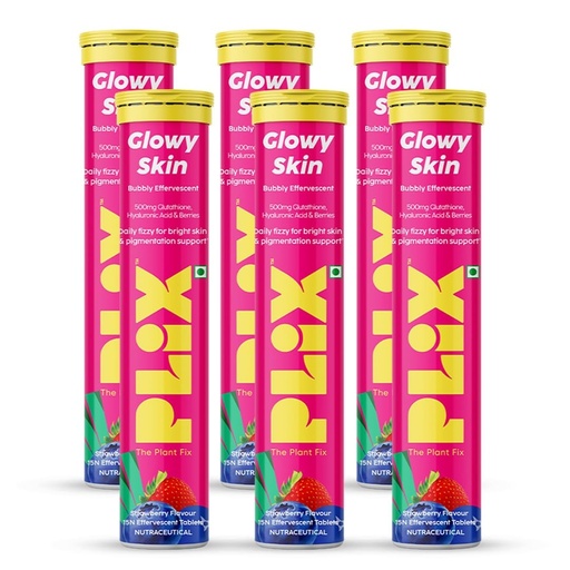 [BRSRABA7A4PGOC3A] PLIX - THE PLANT FIX Glutathione Effervescent Tablets for Clear, Glowing & Youthful Skin | 500mg Glutathione, Vit E & Hyaluronic Acid | No Maltodextrin, No Sugar | Pack of 6 (90 tabs) | Strawberry