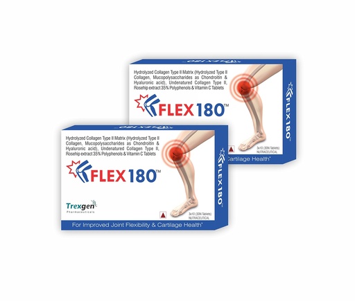 [BRSWGBQ2BABBU3DP] Trexgen FLEX180 350mg Hydrolyzed and Undenatured 40 mg Chondroitin100 mg Hyaluronic acid 50 mg Rosehip 375mg for Joint Pain Cartilage Repair-Matrix Collagen (30 Tab Each Box) -Pack of 2