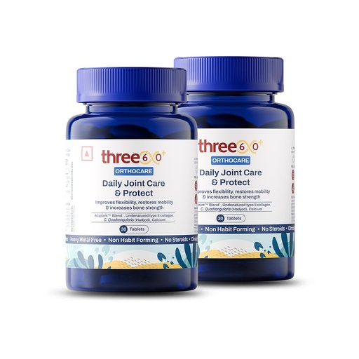 [BRSRACYNDIIGACTB] three60+ Daily Joint Care & Protect Tablets, Clinically Researched for Knee, Bone & Cartilage, Arthritis Support | with Acujoint, UC-II Collagen, Hadjod, Curcumin & Calcium+D3+K2 | Improves Mobility & Reduces Stiffness | 30 Tablets per Pack | Pack of 2