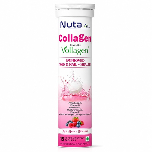 [BRSRGBQEOEHGGD35] Collagen Effervescent Tablets | Vegan Collagen (Vollagen), Vitamin C & Hyaluronic Acid | Skin Glow, Hair & Nail Support | Mix Berry | 15 Tablets
