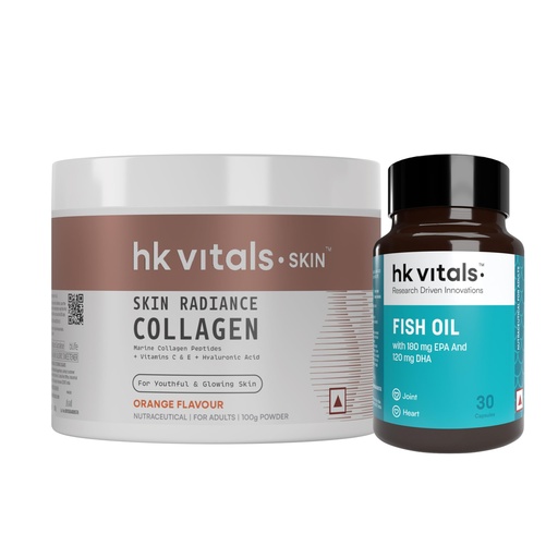 [BRSRMBIHOUDQEYDL] hk vitals Skin Radiance Marine Collagen, Orange, 100g + Fish Oil