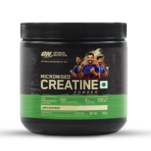 [BRSRAEAFOIOWE3T3] RCB Limited Edition Optimum Nutrition (ON) Micronized Creatine Powder – 250 g, 83 Serves, 3g of 100% Creatine Monohydrate per serve, Supports Athletic Performance & Power, Unflavored.