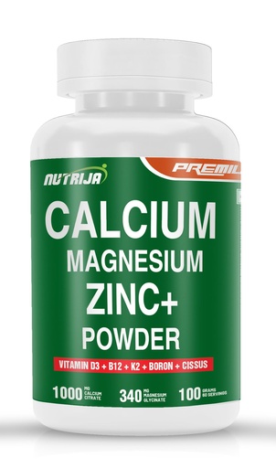 [BRSREC32CJ6AYDLG] NutriJa Premium Calcium Magnesium Zinc Powder with Vitamin D3, B12, K2, Boron, Cissus, 100g, 60 Servings, Vegan Formula