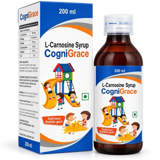 [BRSRYGIKCF4GMD3F] CogniGrace L-Carnosine Syrup 200 ml | 100 mg L-Carnosine per 5 ml | Nutraceutical Supplement | Delicious Bubble Gum Flavour