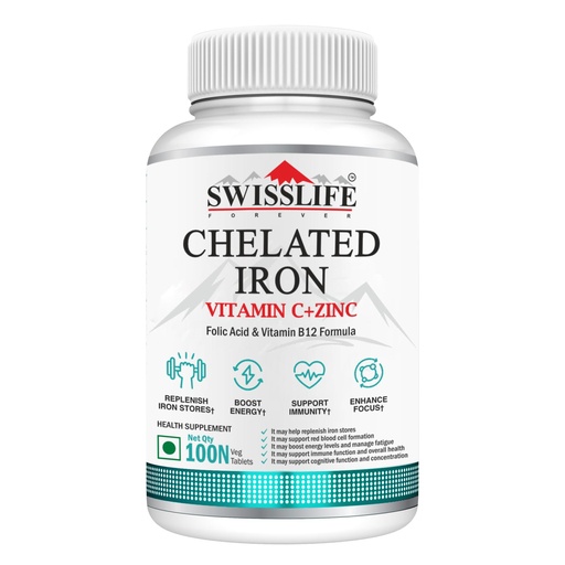 [BRSREA34CB4BSCLZ] Swisslife Forever Chelated Iron Tablets for Hemoglobin & Energy | With Vitamin C, Zinc, Folic Acid & B12 | High Absorption Iron Supplement for Women & Men | Anemia Support | 100 Tablets