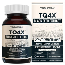 20% Thymoquinone Black Seed Oil Extract Capsules - TQ-Advanced 4X®: Potent Thymoquinone Concentration Available - 60:1 Concentrate from Nigella Sativa, Raw Form, Vegan, Glass Bottle (60 Capsules)