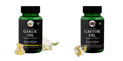 [BRSRYGA6AUJREELK] Garlic-oil-vegetarian-capsules, Castor-oil-vegetarian-capsules Combo | Convenient Nutrition & Wellness Routine | Multi-Product Pack