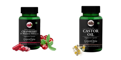 [BRSRYGA6AEBGM3DF] Cranberry-d-mannose-hibiscus-capsules, Castor-oil-vegetarian-capsules Combo | Convenient Nutrition & Wellness Routine | Multi-Product Pack