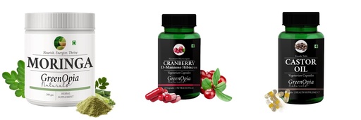 [BRSRYGA6OUCQ4F3O] Moringa-oleifera-powder, Cranberry-d-mannose-hibiscus-capsules, Castor-oil-vegetarian-capsules Combo | Convenient Nutrition & Wellness Routine | Multi-Product Pack