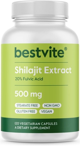 [BRSROHQEAQMRADTZ] BESTVITE Pure Shilajit Extract 500mg (120 Vegetarian Capsules) - No Stearates - Vegan - Non GMO - Gluten Free - Standardized to 20% Fulvic Acid