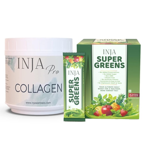 [BRSRGAQRC4CAOHTX] INJA PRO Marine Collagen Powder 300g + Super Greens 30 Sachets Combo, Japanese Hydrolyzed Collagen with 40+ Vitamins, Minerals & Superfoods for Skin, Hair, Nails, Joints, Immunity, Energy & Gut Health