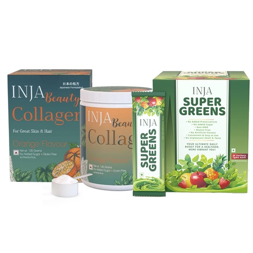 [BRSRGAQRCUBWKHIZ] INJA Beauty Marine Collagen Powder, Orange Flavour - 125g + Super Greens 30 Sachets Combo, Japanese Collagen with Vitamin C & 40+ Vitamins, Minerals, Skin, Hair, Joints, Immunity, Energy & Gut Health