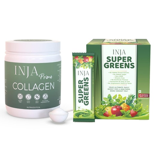 [BRSRGAQRBENROA3L] INJA Prime Marine Collagen Powder, Unflavoured - 125g + Super Greens 30 Sachets Combo, Japanese Formulation with 40+ Vitamins, Minerals, Skin, Hair Growth, Joints, Immunity, Energy & Gut Health