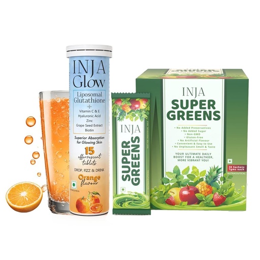 [BRSRGBIYDMHRSDLD] INJA Glow Liposomal Glutathione, Orange Flavour - 15 Tablets + Super Greens 30 Sachets Combo, Vitamin C, E, Hyaluronic Acid with 40+ Vitamins, Reduces Dark Spots, Skin Glow, Immunity & Gut Health