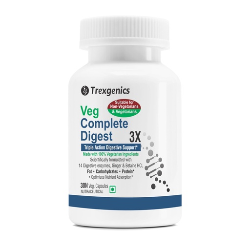 [BRSROGA3BV6BQYDJ] Trexgenics VEG COMPLETE DIGEST 3X, 100% Vegetarian Triple Action Digestive Support for Fat, Carbohydrates & Protein with 14 Enzymes, Ginger and Betaine HCL (30 Veg. Capsules) (Pack of 1)