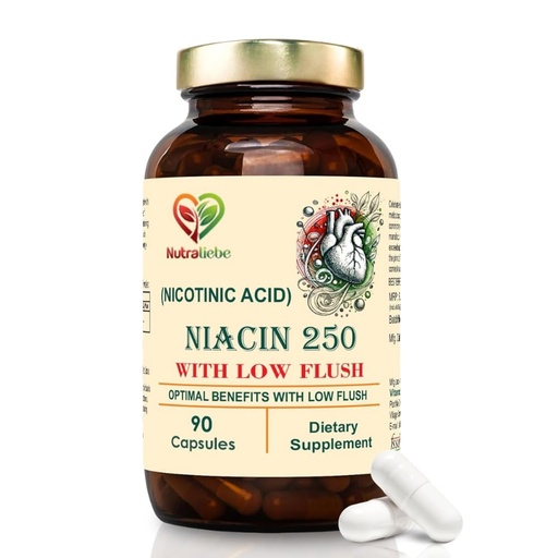 [BRSRAZLYBEMQ2DTX] Niacin Nicotinic Acid - Moderate Dose, Low Flush Formula, 90 Capsules for Cardiovascular and Energy Support