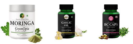 [BRSRYGA6O4FBMAI6] Moringa-oleifera-powder, Garlic-oil-vegetarian-capsules, Bc-caps-vaginal-capsules Combo | Convenient Nutrition & Wellness Routine | Multi-Product Pack