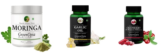 [BRSRYGA6O55R4DIZ] Moringa-oleifera-powder, Garlic-oil-vegetarian-capsules, Cranberry-d-mannose-hibiscus-capsules Combo | Convenient Nutrition & Wellness Routine | Multi-Product Pack