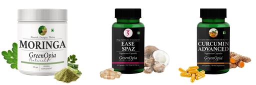 [BRSRYGA6OADRYETD] Moringa-oleifera-powder, Ease-spaz-vegetarian-capsules, Curcumin-c3-piperine-vegetarian-capsules Combo | Convenient Nutrition & Wellness Routine | Multi-Product Pack