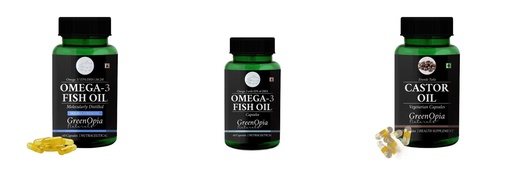 [BRSRYGA6OB5AKDTG] Fish-oil-double-strength, Fish-oil-capsules, Castor-oil-vegetarian-capsules Combo | Convenient Nutrition & Wellness Routine | Multi-Product Pack