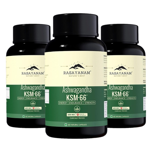 [BRSW22T2CEIAACYU] Rasayanam Ashwagandha KSM-66® | Clinically Proven 600mg Dosage | 5.1% Withanolides for Max Results | 100% Pure Root Extract | Stress Relief, Energy & Recovery Support | World’s Strongest Ashwagandha | Pack of 3 ( 60 Capsules each )