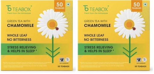[BRSRYZAOOVYGGFAY] Teabox Chamomile Green Tea 50 Tea Bags | With Egyptian Chamomile Flowers & Whole Leaf Green Tea | Calming Blend for Relaxation & Sleep | Low Caffeine, Fresh & Aromatic (Pack of 2)