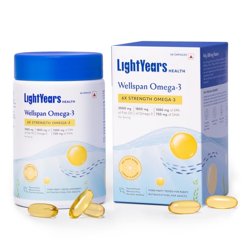 [BRSREGARC4CG2D37] LightYears Wellspan Omega 3 Fish Oil Capsules | 6X Strength | 3000 mg Fish Oil with 1800 mg EPA DHA for Men & Women | Mercury-Free | Lemon Flavoured for No Fishy Burps | 3rd Party Tested | 60 Capsules